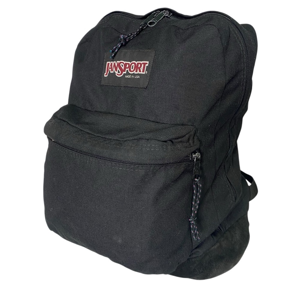 Jansport 90s Leather Bottom Backpack Rare Black On Black Vintage 90s Made In USA - Picture 1 of 10